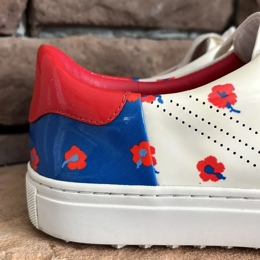 Tory Burch Cream Leather Golf Sneakers with Red and Blue Floral Print